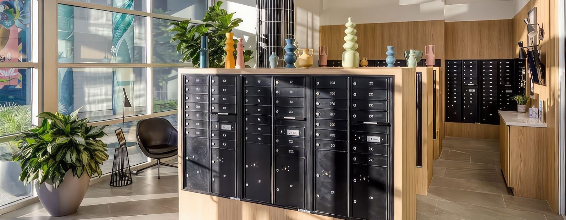 a mail room with black lockers